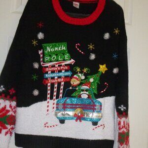 Holiday Time Women’s Ugly Christmas Sweater Santa Bling Elf Bar Pubs Size Large